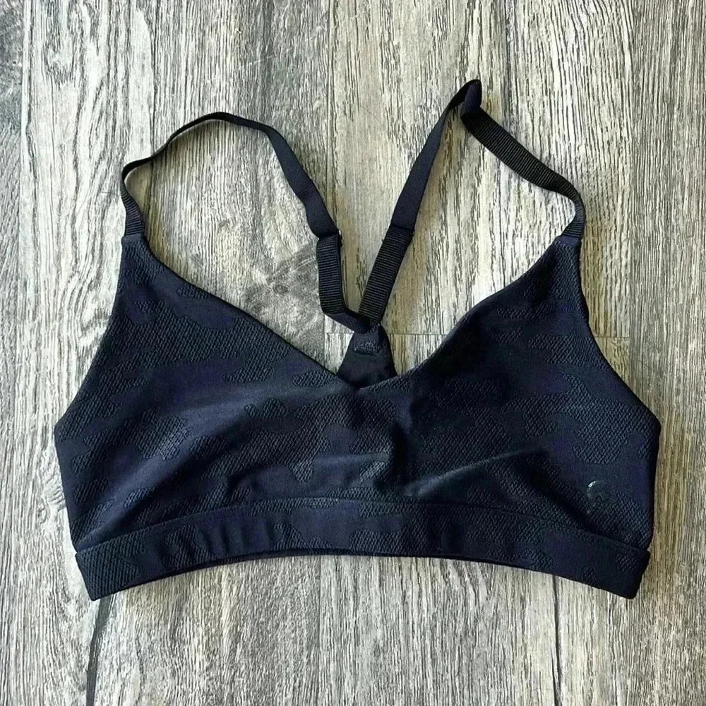 Good American Bra Black Jacquard Slim Racer Sports Bra Size Medium Workout Bra